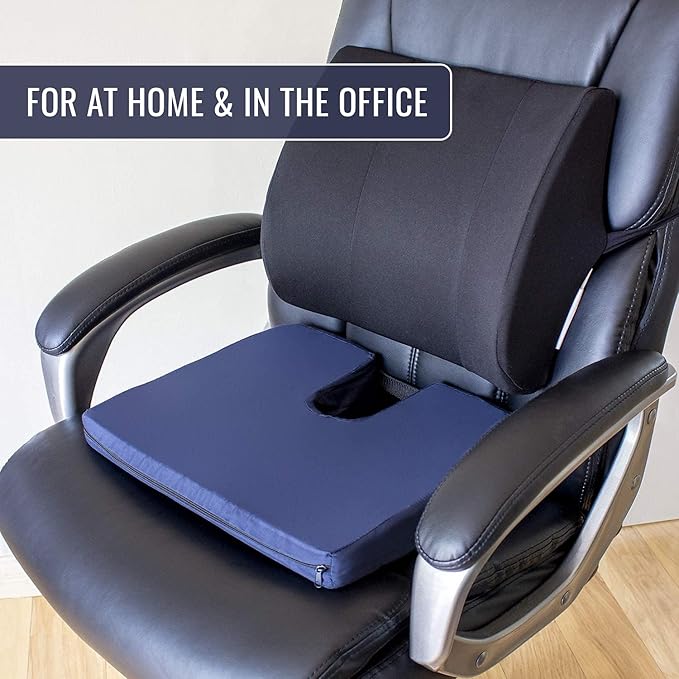 DMI Sloping Back Foam Seat Cushion for Coccyx Pain Relief, For Use with Chairs and Wheelchairs, With Cover, FSA HSA Eligible, 16 x 18 x 2 – 4 Inches, Navy.