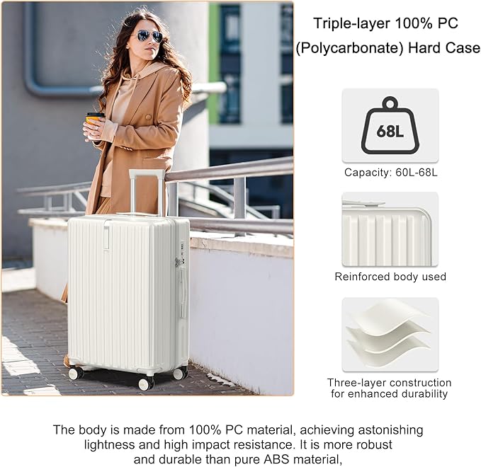 24 Inch Expandable Luggage with Wheels Checked Bag Luggage Hard Shell PC Suitcases Lightweight Travel Checked Luggage Medium Suitcase with Lock for Woman Men Travel