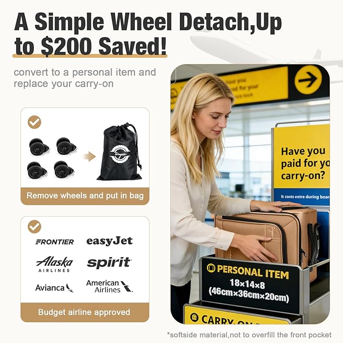 Softside Carry on Luggage Airline Approved, 17 Inch Underseat Carry-on Luggage with Removable Spinner Wheels, Small Personal Item Suitcase for Travel Business, (Brown, 17 inch_Underseat)