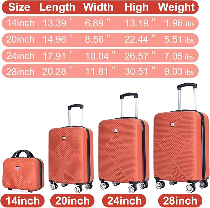 Luggage 4 Piece Set, Hardshell ABS Suitcase Set with Double Spinner Wheels, Lightweight Durable Luggage set, Carry On and Checked Travel Large Luggage, Orange