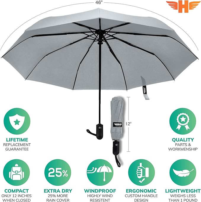 HERO Travel Umbrella - Compact Umbrellas for Rain, Windproof Auto Open Close, Large Coverage Portable Umbrella for Purse and Backpack