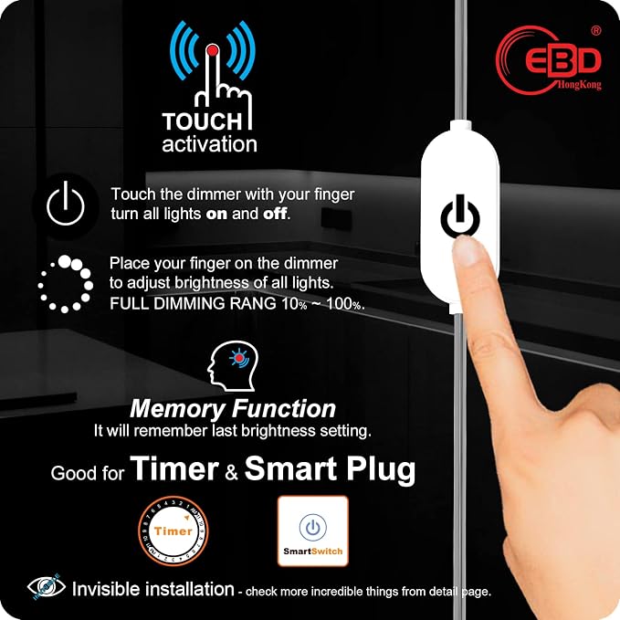 EBD Under Cabinet Lighting Plug in 6 Pcs 12 Inch, Dimmable No Messy Wires Built-in Adjustable Cable LED Light Bar 6500K 2700LM for Kitchen Home Office, Memory for Smart Plug, 1 Pcs Extension Cables
