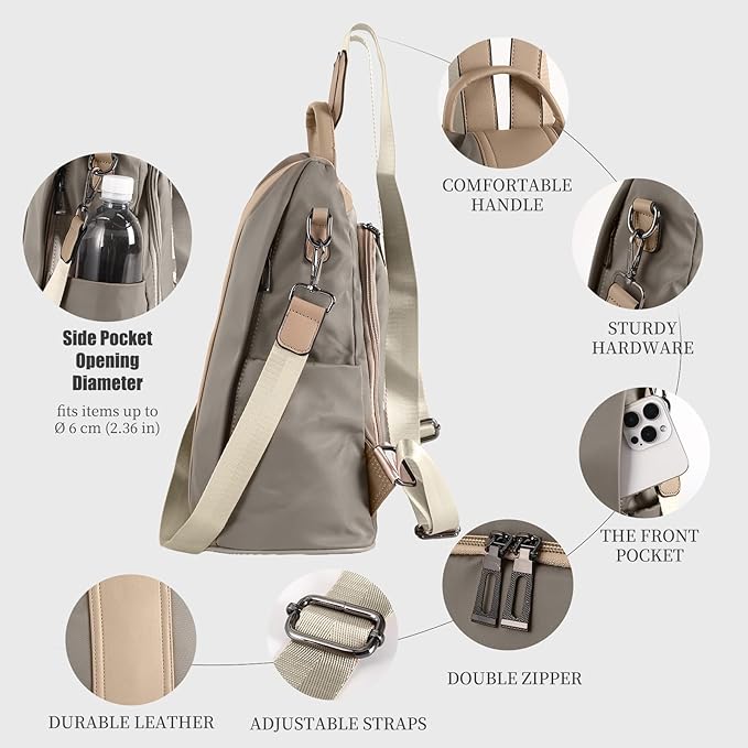 PINCNEL Women Khaki Medium Backpack Purse Waterproof Nylon Anti-theft Rucksack Lightweight Shoulder Bag