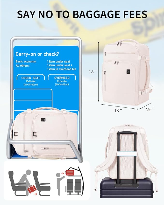 ECOHUB Travel Backpack for Women, 18x14x8 Spirit Airlines Personal Item Bag with Clear Toiletry Bag, Laptop Carry on Backpack with USB Port, Airline Approved Under Seat 14 Pockets 30L, Beige