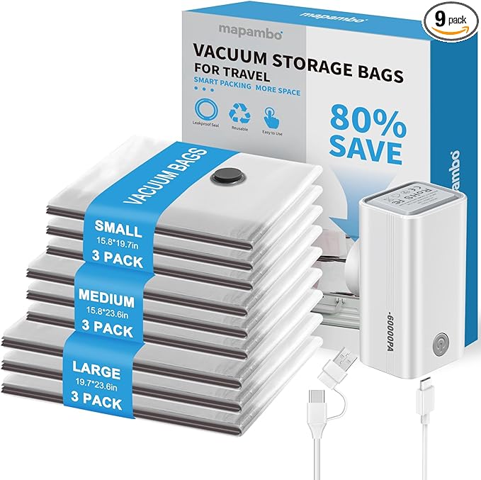 Mapambo Vacuum Storage Bags with -60000Pa USB Pump, 9 Pack Vacuum Seal Bags for Clothing Travel in 3 Sizes, Travel Vacuum Bags with Pump, Saving up to 80% of Luggage Space (9 Combo Size)