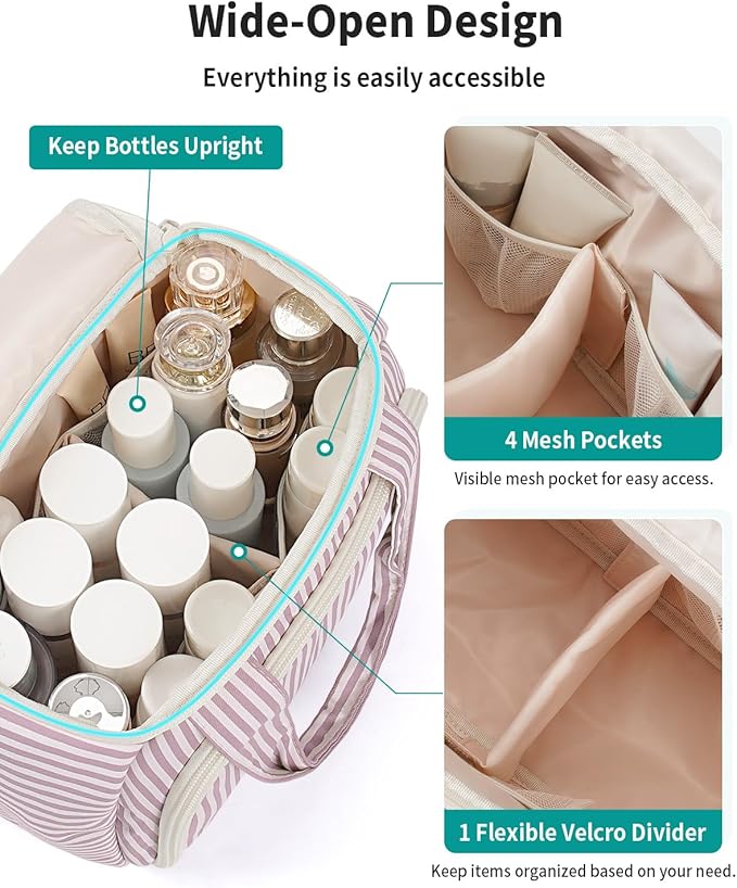 Narwey Striped Travel Toiletry Bag Large Makeup Bag for Women, Wide-open Cosmetic Make Up Organizer with Handle, Travel Bag for Toiletries, Essentials, Accessories (Dusty Pink Stripe)