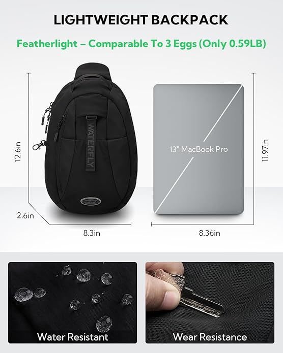 WATERFLY Small Crossbody Sling Backpack: RFID Blocking Anti Theft Sling Bag Travel Daypack Man Woman