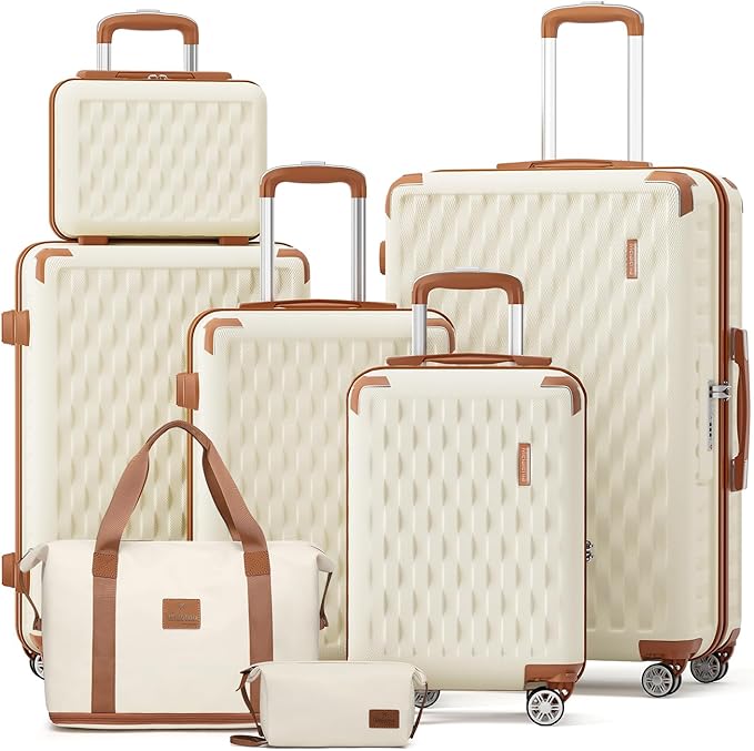 Melalenia Luggage Sets 7 Piece Hard Shell Carry on Suitcase with Spinner Wheels and TSA Lock, Lightweight Travel Duffel Bag for Women, Beige Brown