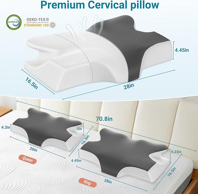 Elviros Cervical Neck Pillow for Sleeping, Memory Foam Pillow for Neck Pain Relief, Side Sleeper Cooling Pillows for Adults, Neck Support with Removable Pillowcase for Back & Stomach Sleepers
