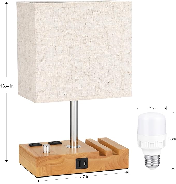 Wood Grain Table Lamp for Bedroom, Stepless Dimmable, USB C+A, 2 AC Outlets | Dimming By Rotary Knob, USB C+A Ports, 2 Phone Stands, LED Bulbs Included, Rectangle Beige Lampshade, for Living Room, Desk