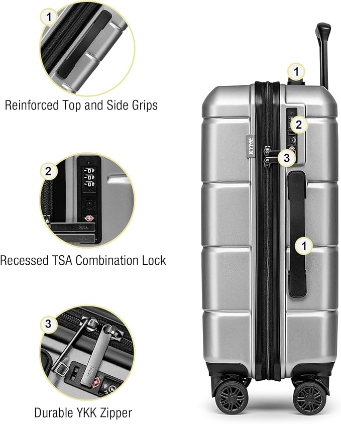KYME Carry On Luggage 22x14x9 Airline Approved Hardshell Carry On Suitcases with Wheels Travel Rolling 20 Inch Luggage with Cup Holder for Women Men,Carry-on Silver Grey