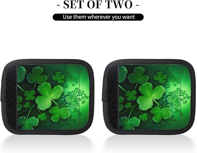 Green Clover Leaves Handle Wrap 2 Pieces, Saint Patricks Day Soft Handle Grip for Women Men Travel Luggage Outdoor Bag Markers Decor