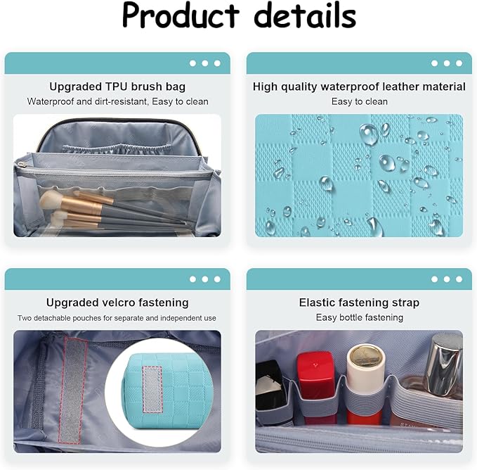BOYATU Checkered Travel Makeup Bags: Vacation-Ready Light Blue Large Capacity Cosmetic Bag for Women - 3 Pcs Set Toiletry Organizer with Waterproof Leather - Easy to Clean Beach Trip Essential