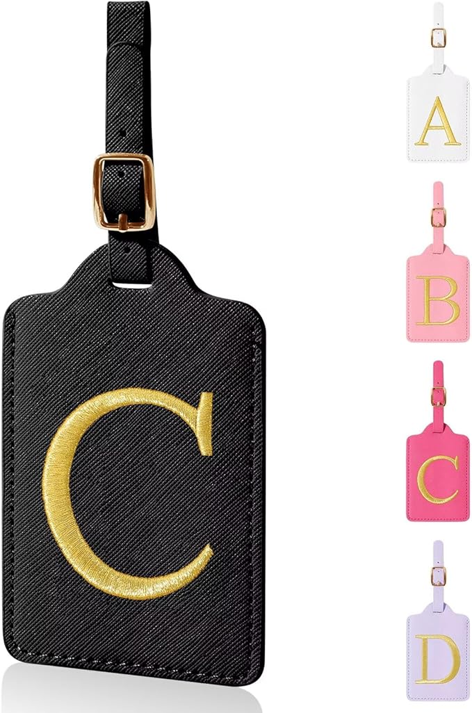 Personalized Initial Luggage Tags for Suitcases,Leather Letter Cute Luggage Tags with Privacy Name Card,Embroidered Monogrammed Travel Bag Backpack Tag Gifts for Women Kids Girls Teens(Black-C)