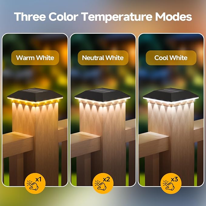 12 Pack 4x4 Solar Post Light, 3 Mode Wooden Vinyl Fence Cap, Black | 3 color temperatures, Waterproof LED Solar Post Lights, Patio Porch Decor, Only Fit Two True Size Post: 3.5''x3.5'', 4''x4''