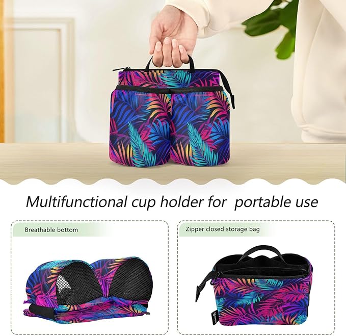 DOMIKING Tropical Palm Leaf Travel Luggage Cup Holder for Suitcase Free Hands Drink Carrier with Storage Pockets for Beverages Bottles