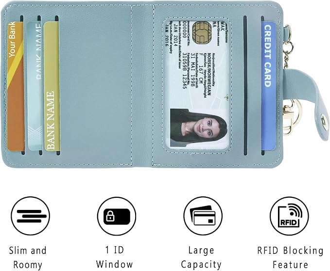 Airkit Small Wallets Woman RFID Blocking Leather Credit Card Holder - with ID Window - Card Wallets for Women - with Zipper Coin Purse - Keychain Wallet
