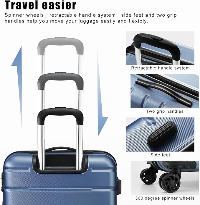Coolife Luggage Suitcase Carry-on Spinner TSA Lock USB Port Expandable (only 28’’) Lightweight Hardside Luggage (Ice Blue, L(28in))
