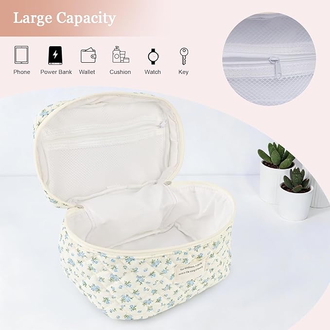 Cute Makeup Bag for Women(2 Pcs), Travel Cosmetic Bags, Quilted Coquette Aesthetic Floral Toiletry Organizer Bag (47 - BlueMuDan)