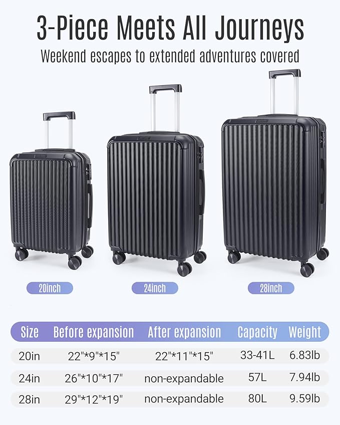 LIGHT FLIGHT Luggage Sets, Durable Hard Shell 3 Piece Set Suitcase with Spinner Wheels, Hardside Lightweight Luggage set with TSA Lock, Large Travel Luggage Set (20" 24" 28"), Black