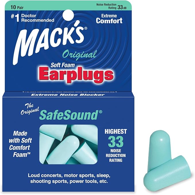 Mack's Original Soft Foam Earplugs, 10 Pair - 33dB Highest NRR, Comfortable Ear Plugs for Sleeping, Snoring, Work, Travel & Loud Events | Made in USA