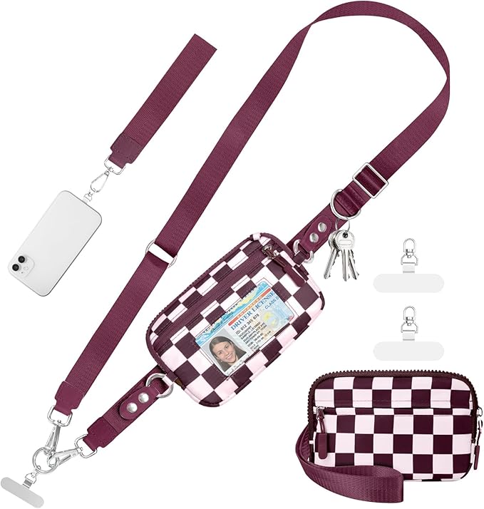 Tiostep Clip and Go Strap for Phone with Wallet Crossbody Phone Lanyard and Detachable Checkered Bag with ID Window and RFID Pouch for Daily Travel.