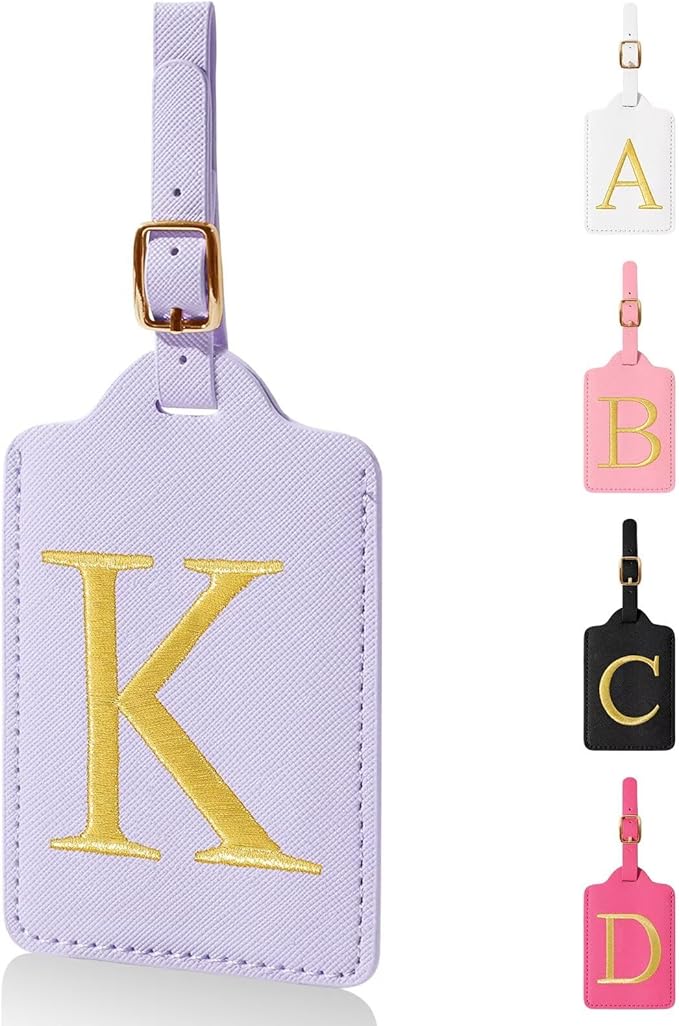 Personalized Initial Luggage Tags for Suitcases,Leather Letter Cute Luggage Tags with Privacy Name Card,Embroidered Monogrammed Travel Bag Backpack Tag Gifts for Women Kids Girls Teens(Purple-K)