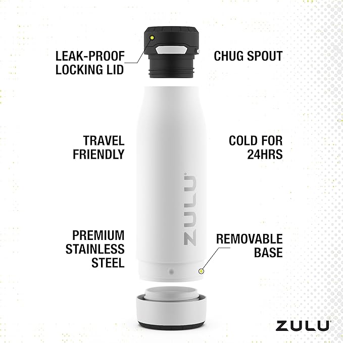 ZULU Ace Vacuum Insulated Stainless Steel Water Bottle with Chug Spout, Leak-Proof Locking Lid and Removable Base for School, Backpack, Sports, Gym, Travel