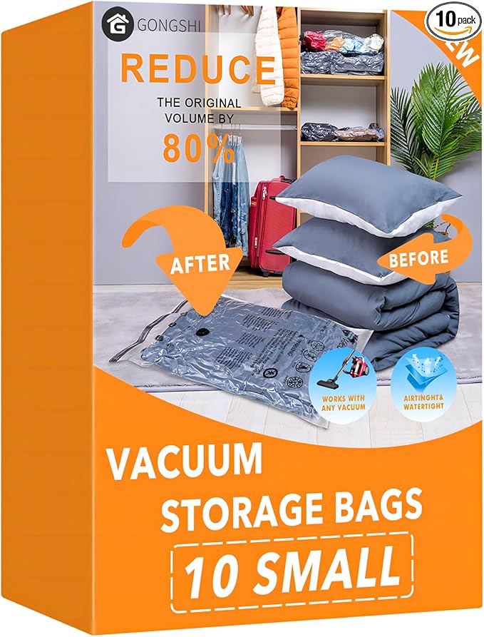 GONGSHI Vacuum Storage Bags, Space Saver Seal Bags For Clothing, Blankets, Comforters, Pillows, Clothes Storage,Travel Luggage.10 S