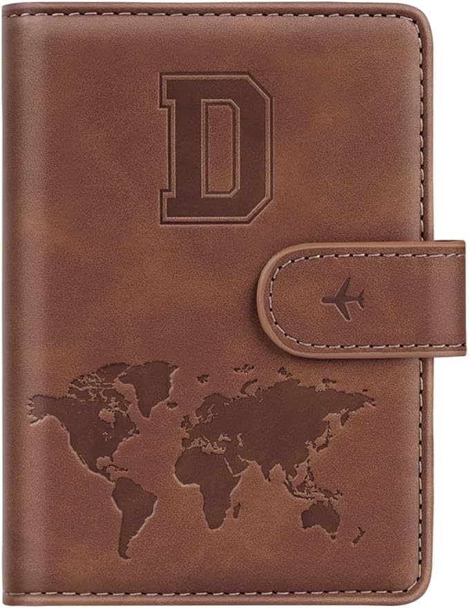 Passport Holder Wallet Cover Personalized Letter A-Z Travel Wallet RFID Blocking Passport Cover Wallet Case for Travel Passport Book Holders for Women and Men, Brown-D