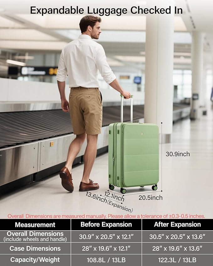 MILADA 28 Inch Large Checked Luggage, Expandable Hardshell Suitcase with 360° Spinner Wheels & TSA Lock, Durable Extra Large Rolling Trunk for Travel, International Vacation, Bamboo Green