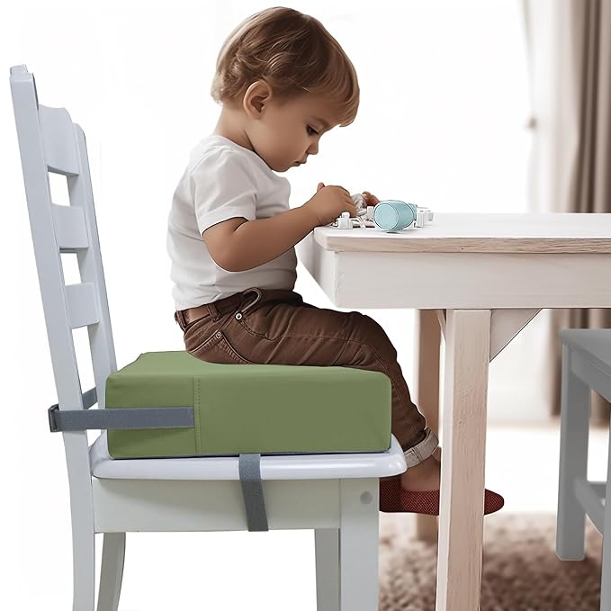 Toddler Booster Seat Dining Table Kitchen Chair, Waterproof Anti-Scratch PU Cushion, Non-Slip Bottom, Adjustable Buckle Straps, Easy Clean Portable Seat Cushion (Green)