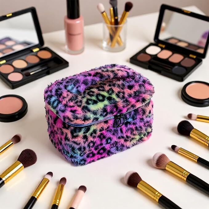 Plush Travel Makeup Bag Toiletry bag for Women Soft Fluffy Cosmetic Bag Portable Foldable (Rainbow Leopard)