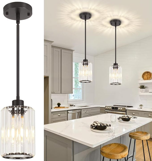2 Pack Black Pendant Lights Kitchen Island Crystal Hanging Lighting Fixture | Adjustable Height Modern Pendant Light for Bathroom Dining Room Over Island Sink Entryway Hallway Ceiling Light