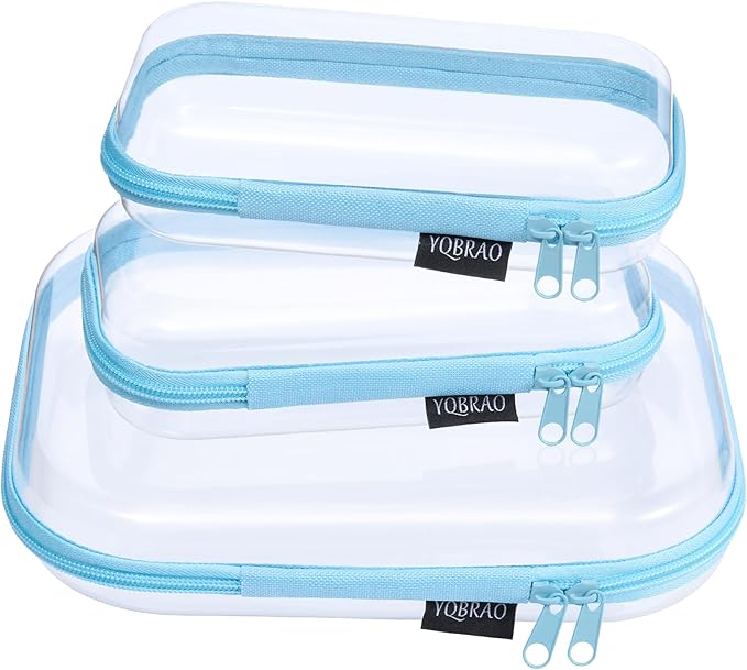 YQBRAO 3 Pack Hard Sided Clear Zipper Case for Storage- Thickened-Grade Clear Hard Shell Zipper Case for Organizing Bead, Handicrafts, Sewing, Toiletries, Makeup (Blue)