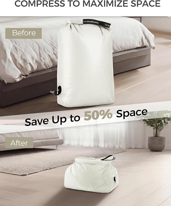 Travel Laundry Bag, Pump Free Vacuum Storage Bag Reusable Compression Dirty Clothes Travel Bag Waterproof Wet Dry Bags Large Capacity Space Saver Bags Camp Clothes Organizer (1 Pcs)(White, L)