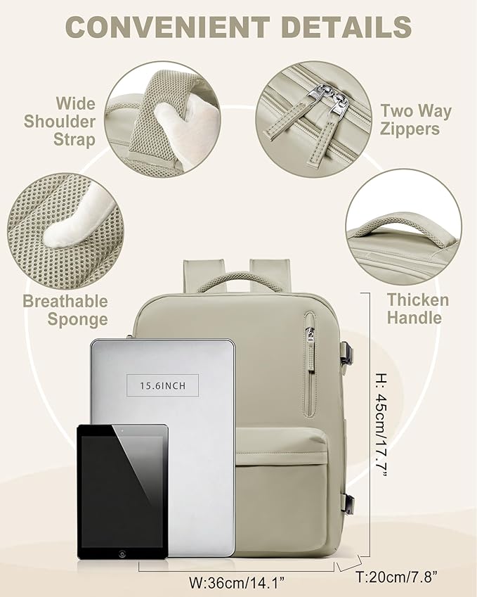 VECAVE Travel Backpack for Women, Airline Flight Approved Carry On Backpacks Waterproof 14 Inch Laptop Backpack with Shoe Compartment Casual Daypack GreyBrown