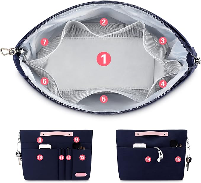 HyFanStr Purse Organizer Insert for Handbags,Tote Bag Organizer Insert Zipper Bag for Women, Handbag Organizer Inside Liner with 15 Pockets