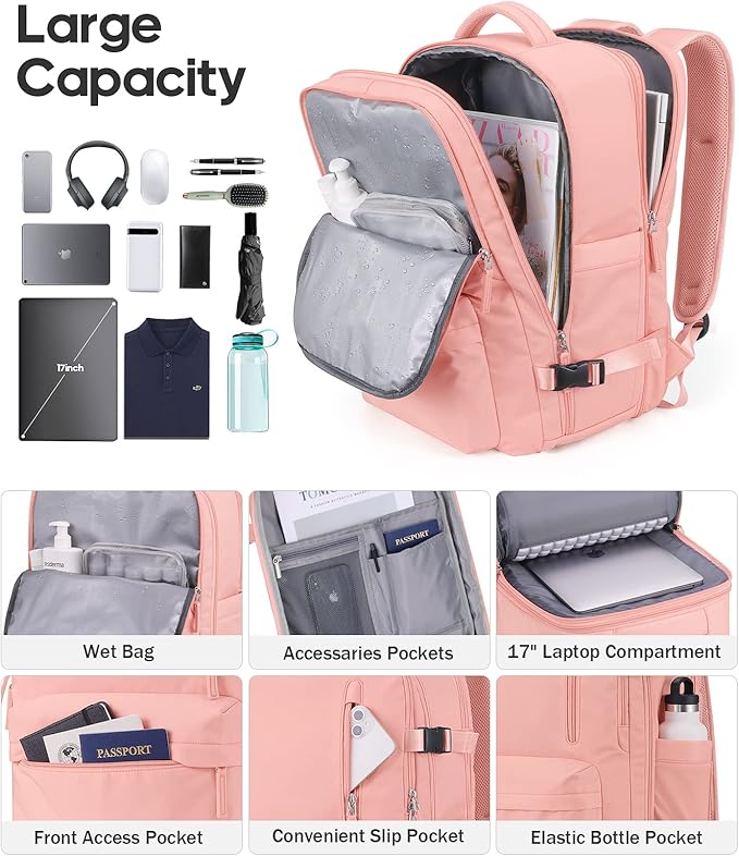 Bagsure Travel Backpack, 42L Carry on Luggage, Flight Approved Expandable Backpack, Laptop Backpack (Pink(Without 4 Packing Cubes))