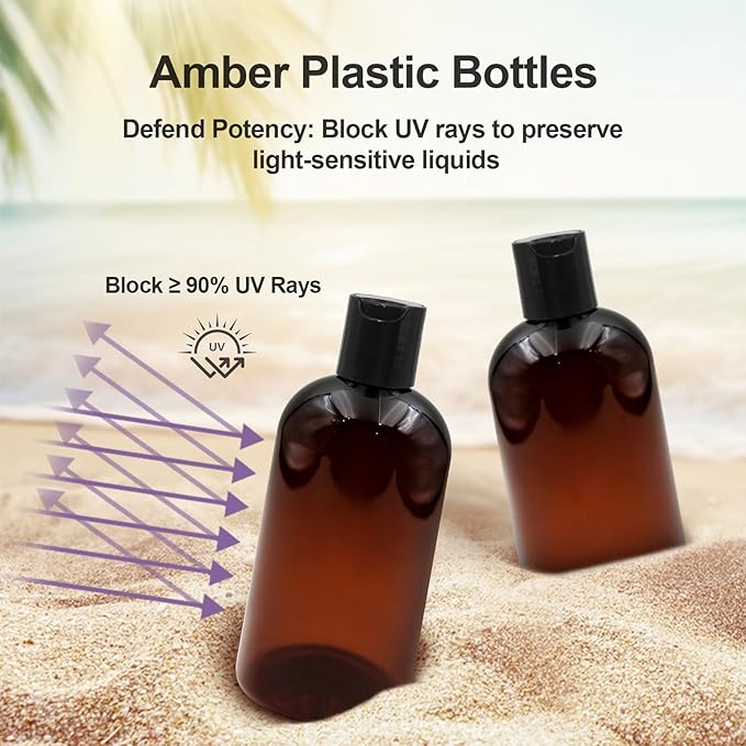 2 Pack 8 oz Amber Plastic Shampoo Bottles with Black Disc Caps Refillable Leak-Proof Travel Squeeze Containers for Conditioner Toiletries Liquid Soap Lotion Essential Oils