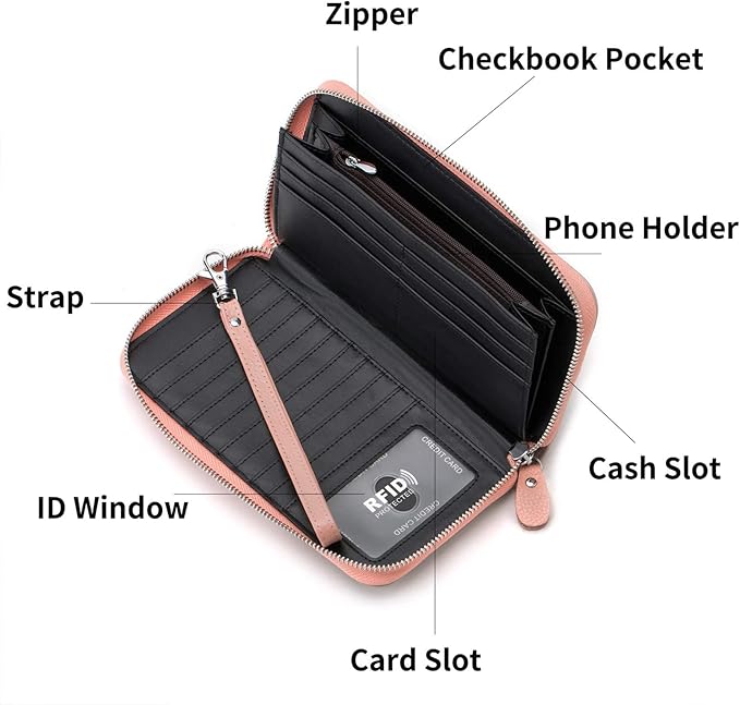 Moflycom Womens Wallet RFID Blocking Genuine Leather Multi Credit Card Large Capacity Zip Around Clutch Travel Purse Wristlet
