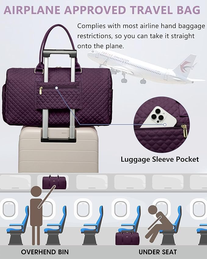 Women Weekender Travel Duffle Bag: Travel Duffel Overnight Bags with Shoe Compartment Large Carry on Tote with Toiletry Bag Weekend Traveling Yoga Gym Hospital Bag for Women with Wet Pocket Purple