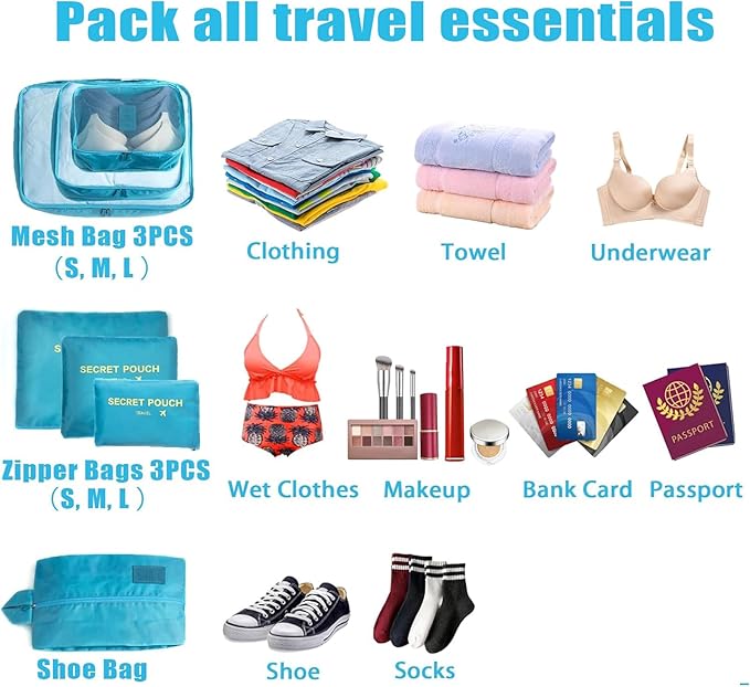 INVODA 7 piece Multi-size Packing Cubes for Travel Suitcase Organizer Bags Lightweight Travel Bags (Sky Blue)