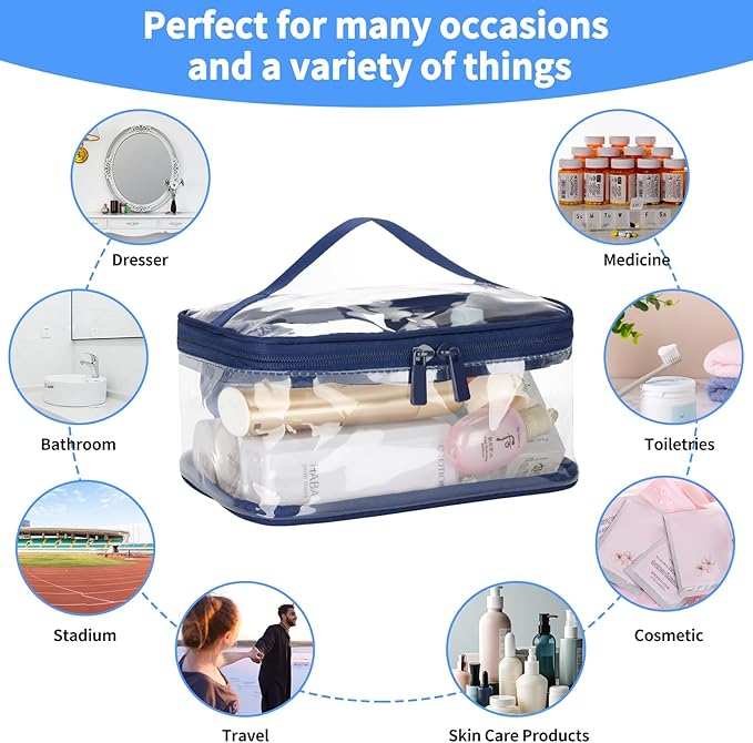 HAOGUAGUA 2 Pieces Clear Makeup Bags Cosmetic Toiletry Bags for Traveling, Waterproof Travel Transparent TSA APPROVED Carry On Airport Airline Compliant Bag (2 PIECES BLUE)