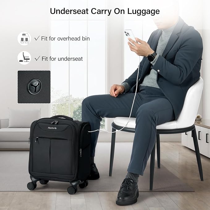 Hanke Underseat Carry On Luggage with Wheels, Lightweight Small Suitcase Airline Approved 16 Inch Softside Personal Item Travel Bag for Women Men, Compact Under Seat Luggage with Spinner Wheels,Black