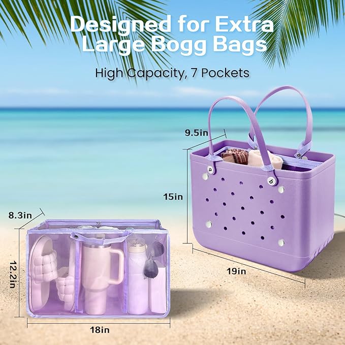 XYFuuee Beach Bag Organizer Inserts for Original Large Bogg Bag Accessories with 8 Removable Metal Fasteners, Lightweight Mesh Insert Divider Pouch, Organizing Rubber Tote, Save Space, Purple XL