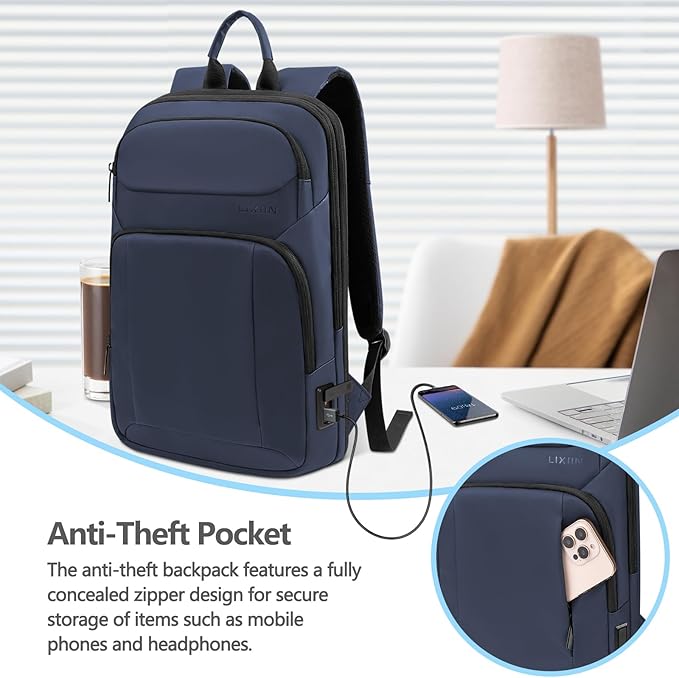 Backpack for Men Slim & Expandable Travel Laptop Backpack with USB Charging Port Water Resistant Anti-Theft Business Backpack Fits 15.6In Laptop for Commute Work College with Small Bag(Navy Blue)