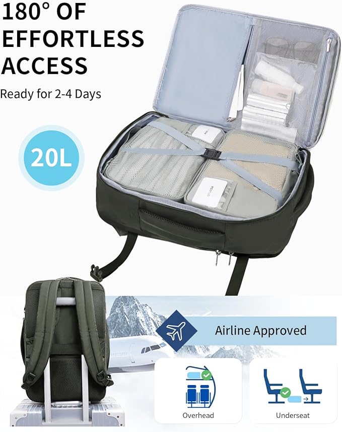ECOHUB 17" Small Unisex Travel Backpack United Airlines Approved 17x10x9 Friendly Suitcase Anti-Theft Lockable Zippers Style Personal Item Bag Travel Essentials with 12 Pockets Water Resistant, Green