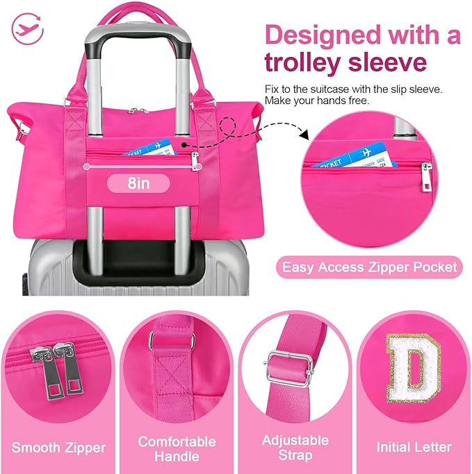 Dance Gym Duffel Bag for Teen Girls, Personalized Initial Travel Weekender Bag,Cute Overnight Carry On Duffle for Women,Sports Travel Cheer Bag,Monogram Christmas Gifts for Tween Preppy(rosered-D)