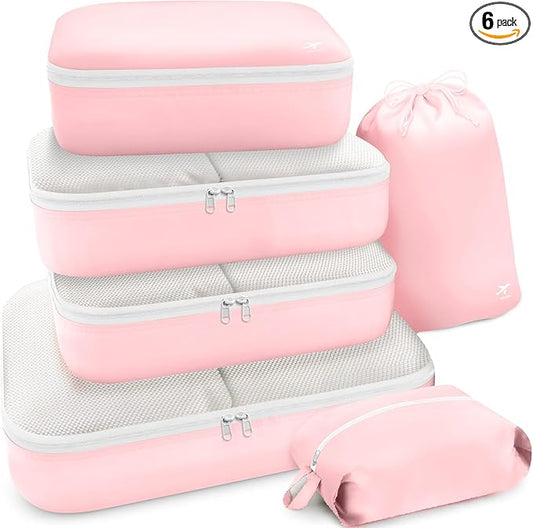 HOTOR Packing Cubes for Suitcases - 6 Pieces, Light Packing Cubes for Travel, Premium Suitcase Organizer Bags Set, Space-Saving Luggage Organizers, Travel Accessories and Essentials, Pink